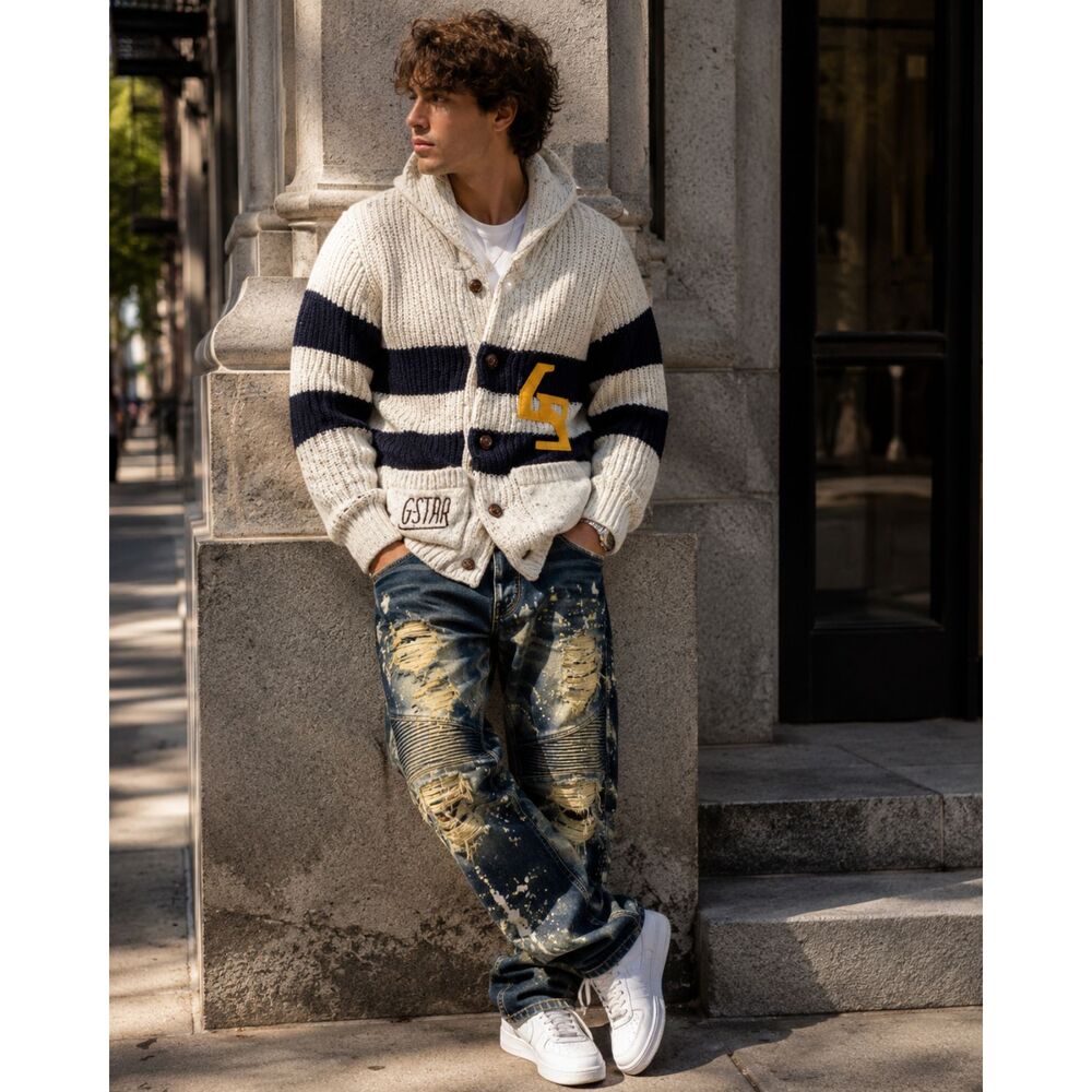 G-Star Raw Cardigan Knit Sweater Embroidered Men’s Medium Gray Blue